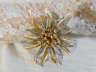 Vintage CORO Clear Crystal Rhinestone,  Brushed Gold Flower Brooch Pin 2 1/2 