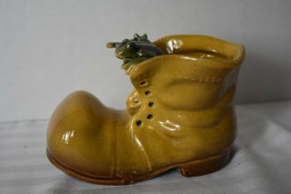 Vintage Tan Ceramic Shoe Boot Planter With Green Frog Peeking From Boot