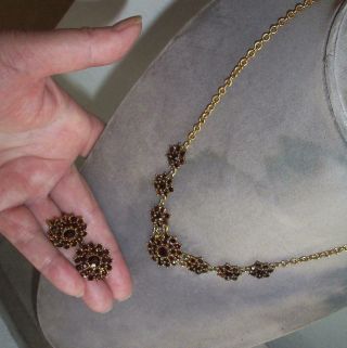 Vintage Necklace & Earrings Dark Red Rhinestones