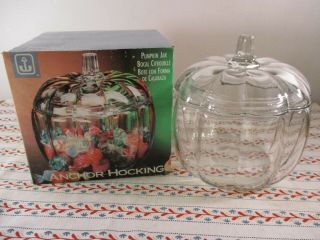 Vintage Anchor Hocking Pumpkin Candy/cookie Jar Clear Glass With Org.  Box Usa