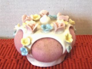 White China Vintage Pin Cushion With Porcelain Roses And Pink Fabric Pin Cushion