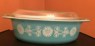 Vintage Pyrex Turquoise White Lace Medallion 045 Oval 2 1/2 Qt Covered Casserole