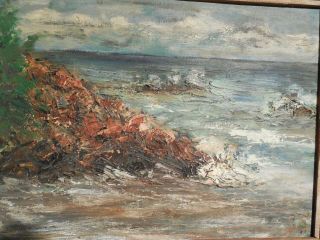 Vintage ENgland Shore Scene Thick Oil on Board Painting Initialed J.  S. 2