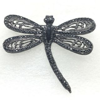 Signed Blair Delmonico Vintage Dragonfly Brooch Pin Black Glass Rhinestone