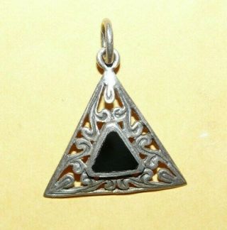 Vintage Sterling Silver W/ Black Onyx Ornate Triangular Scroll Design Pendant