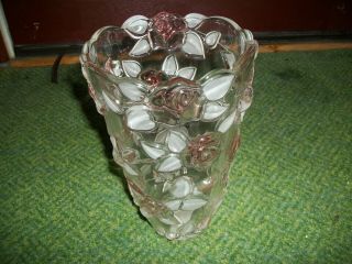 Mikasa Crystal 9.  5 " Vase Vintage Fogged & Pink Roses Made In Germany