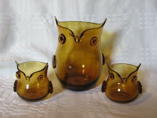 Trio Of Vintage Mid Century Modern Glass Owl Vases In Amber Blenko?