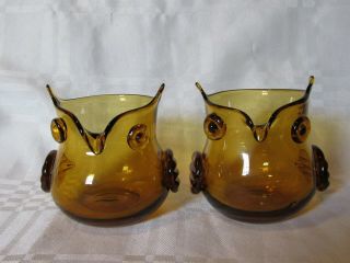Trio Of Vintage Mid Century Modern Glass Owl Vases in Amber Blenko? 6