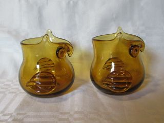 Trio Of Vintage Mid Century Modern Glass Owl Vases in Amber Blenko? 7
