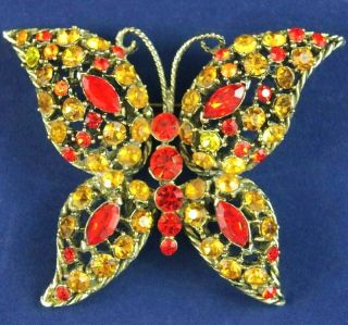2.  75 " Vtg Unsigned Weiss Orange Golden Topaz Glass Rhinestone Butterfly Brooch