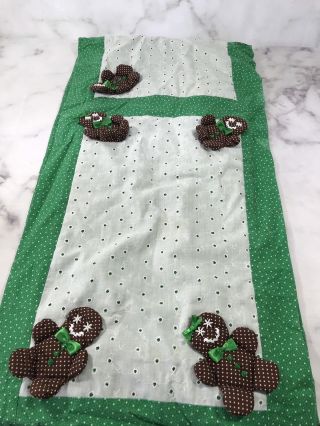 Vintage Handmade Gingerbread Table Runner Green White Lace Holiday Christmas