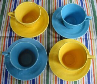 Vintage Harlequin Yellow & Turquoise Tea Cups And Saucers Fiesta Set Of 4