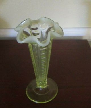 Vaseline Vintage Glass Vase With Opalescent Ruffled Rim 7 "