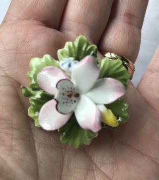 Vintage Pink Green & White Enamel Flower Floral Brooch Pin Pretty 3
