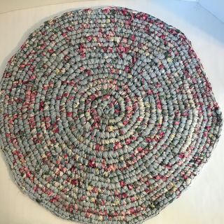 Vintage Handmade Crocheted Oval Rag Rug Cotton Fabric 19 Inches Multi Colored