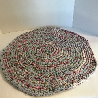 Vintage Handmade Crocheted Oval Rag Rug Cotton Fabric 19 inches Multi Colored 6