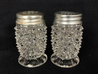 Antique Vintage Pair Clear Glass Hobnail Shakers Footed Base Circa 1880s?