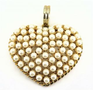 Vintage Gold - Tone Huge Faux Pearl Heart Pendant,  Signed Cn,  2 1/2 "