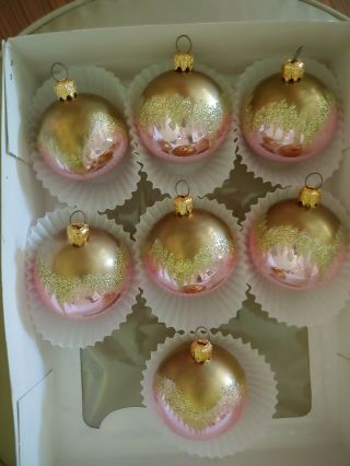 Vintage Made In Germany Pink Ornaments With Gold Glitter Trim,  (7)