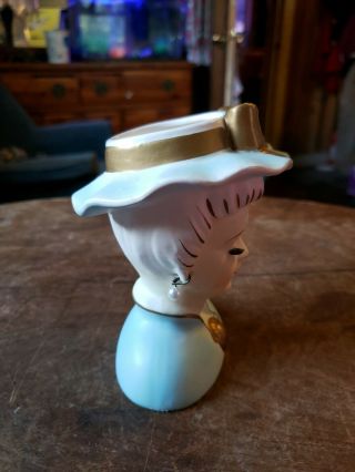 Vintage Lady Head Vase / Planter Unknown Maker Blue Dress and Hat 3
