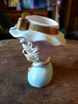 Vintage Lady Head Vase / Planter Unknown Maker Blue Dress and Hat 5