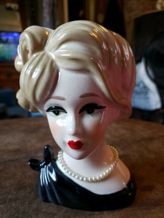 Vintage Lady Head Vase / Planter Unknown Maker Black Dress Blonde Hair