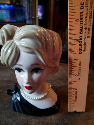 Vintage Lady Head Vase / Planter Unknown Maker Black Dress Blonde hair 2