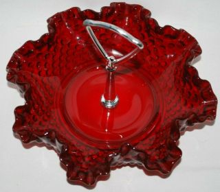 Vintage Fenton Ruby Red Hobnail 8 " Chrome Metal Handle Bonbon Candy Dish 3706ru