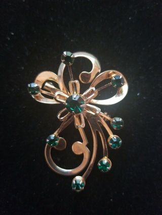 Vintage Gold - Tone Metal Emerald Green Rhinestone Flower Spray Pin Brooch