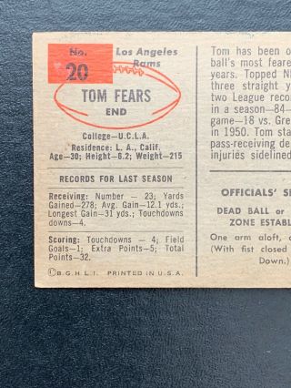 1954 Bowman Football Card 20 Tom Fears Los Angeles Rams Ex,  Vintage 5