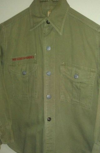 Vintage 1950s/1960s Boy Scout Sanforized Long Sleeve Uniform Shirt,  Olive Green