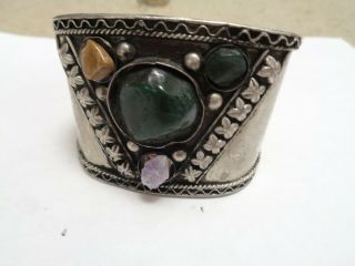 Vintage Southwestern Silver Tone Semi Precious Stone Beaded Ornate Cuff Bracelet