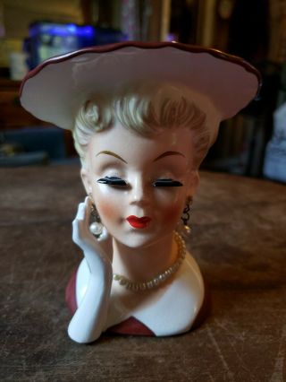 Vintage Napco A5046 Lady Head Vase / Planter Brown Hat And Dress