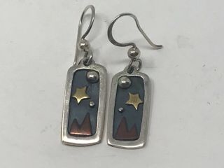 Far Fetched Copper Brass And Sterling Silver Vintage Mountain Moon Star Earrings
