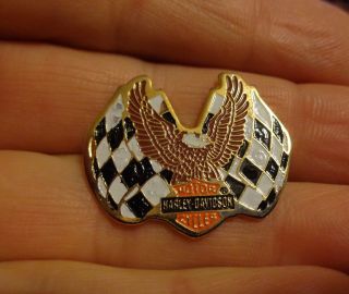 Vtg Brass Oem Harley Davidson Racing Flag Eagle Bar And Shield Vest Lapel Pin Fl