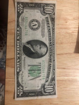 Vintage 1934 A Series $10 Dollar Bill Federal Reserve Boston Ma Green Seal Note