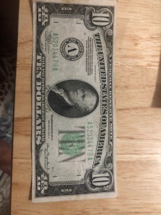 Vintage 1934 A Series $10 Dollar Bill Federal Reserve Boston MA Green Seal Note 2