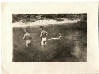 Vtg Snapshot - Ww2 Three Soldiers Bathing In A River Pto 1940s