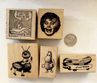 5 Rare Vintage Rubber Stamps : Screaming Woman,  Oscar Meyer Wienermobile,  Moomin