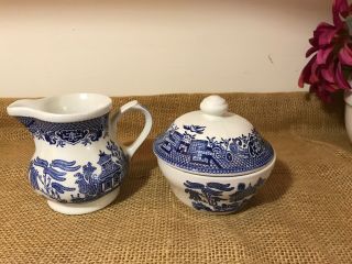 Vintage Creamer & Covered Sugar Bowl English Churchill Fine China Blue Willow