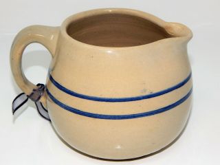 Antique Vintage Stoneware Pitcher Pottery Crock With Blue Band/stripes Primitive