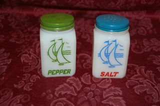Vintage Hazel Atlas Milk Glass Blue & Green Sail Boat Salt Pepper Shakers