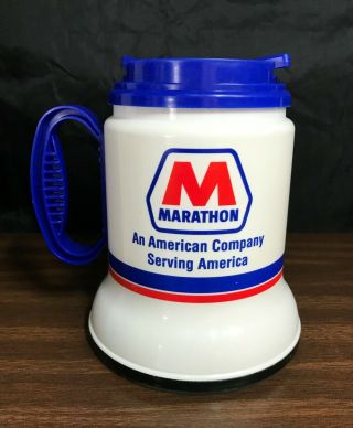 Vtg Marathon Gas Stations Insulated Travel Coffee Mug Cup 20oz No Tip Over Usa
