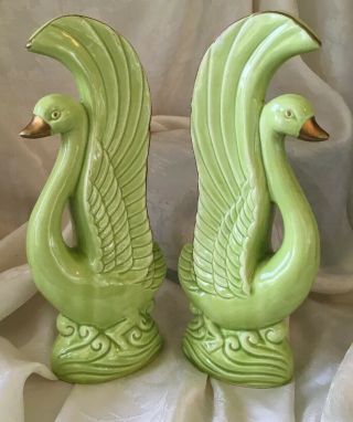 Set Of 2 Vintage Mcm 9” Ceramic Swans - Lime Green Figurine/bookend