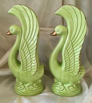 Set Of 2 Vintage MCM 9” Ceramic Swans - Lime Green Figurine/Bookend 3
