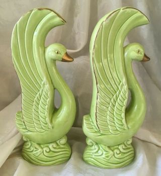 Set Of 2 Vintage MCM 9” Ceramic Swans - Lime Green Figurine/Bookend 5