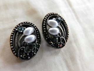 Vintage Silver Pierced Earrings - Marcasite & Pale Blue Rhinestones & Faux Pearls