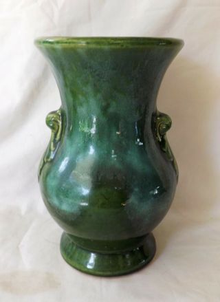 Vintage 8 1/4 " Brush Mccoy Pottery Green Stoneware Vase W/ Leaf Handles 742