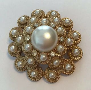 Vintage Sarah Coventry Gold Tone Faux Pearl Clear Rhinestone Stacked Brooch