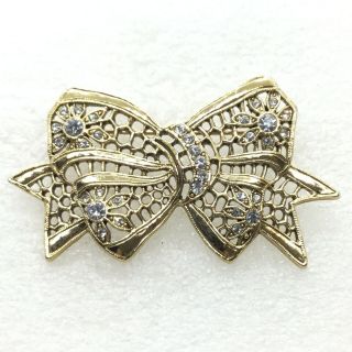 1928 Vintage Floral Bow Brooch Pin Clear Glass Rhinestone Costume Jewelry